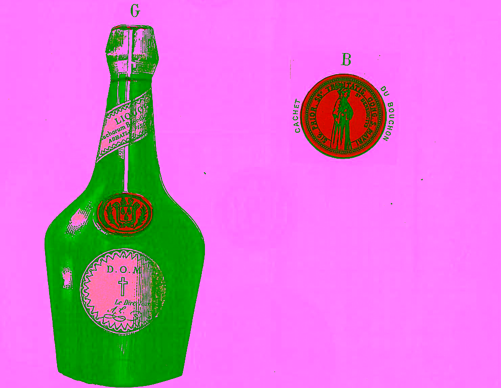 Illustration du dépôt de la marque Bénédictine en 1864, montrant la première bouteille enregistrée et son sceau officiel.