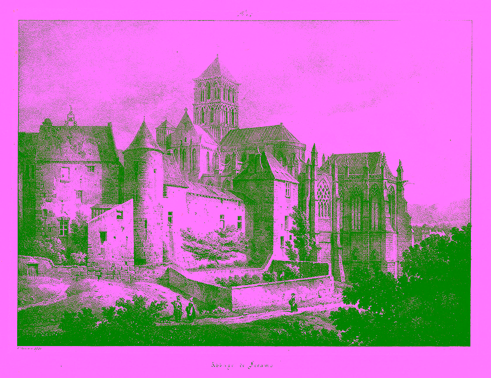 Gravure historique de l'abbaye de Fécamp montrant l'église abbatiale et les bâtiments monastiques.
