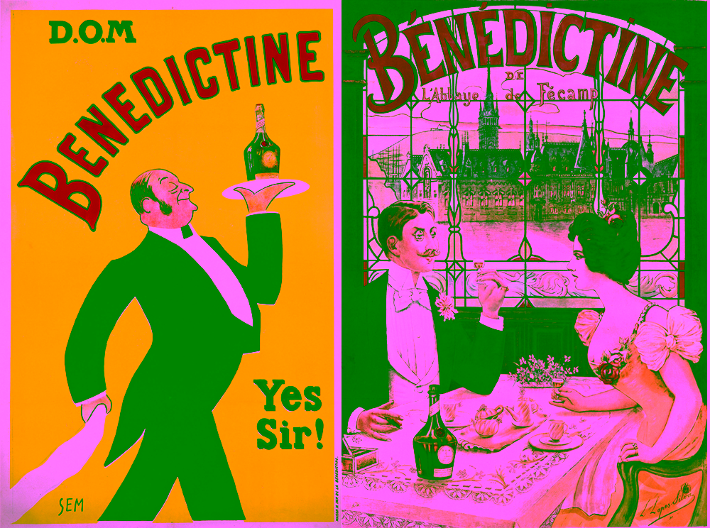 Deux affiches publicitaires anciennes de Bénédictine, l’une représentant un serveur portant une bouteille sur un plateau et l’autre une scène de dégustation devant une vue du Palais Bénédictine.